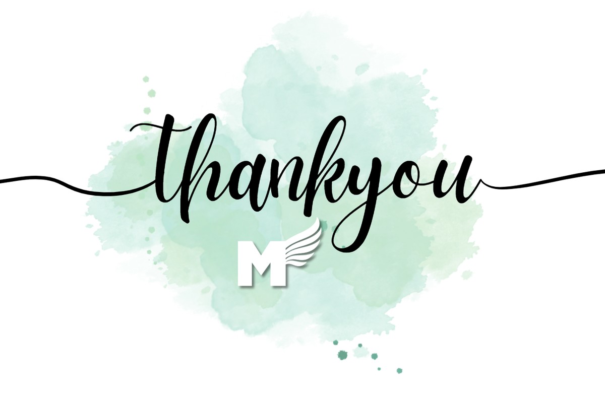 A hand-lettered thank you card with the Media Wing Creative wing mark